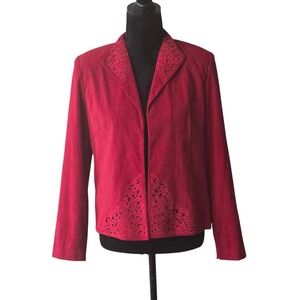 Positive Attitude Red Embroidered Laser Cut Open Front Blazer Jacket Size 8 B1